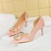Women S High Heel Suede Shallow Mouth Pointed Side Hollow Rhinestone Buckle Pearl Bow Single Shoes_vogvips.com