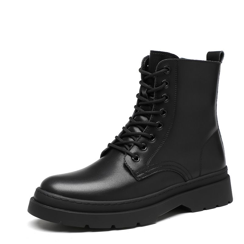 European Warm Series Genuine Leather Martin For Men High British Style Mid Top Trendy Workwear Fleece Lined Warm Snow Boots Winter Black_vogvips.com