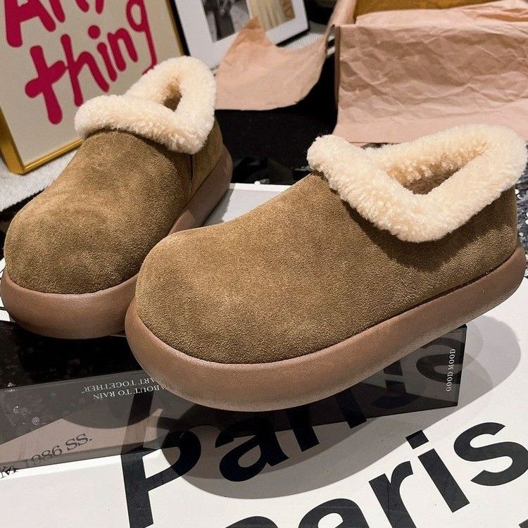 Women's Comfortable Slip-On Style Shoes With Thick Sole And Plush Fleece Lining, Cozy Winter Casual Loafers For Everyday Wear Cotton Shoes_vogvips.com