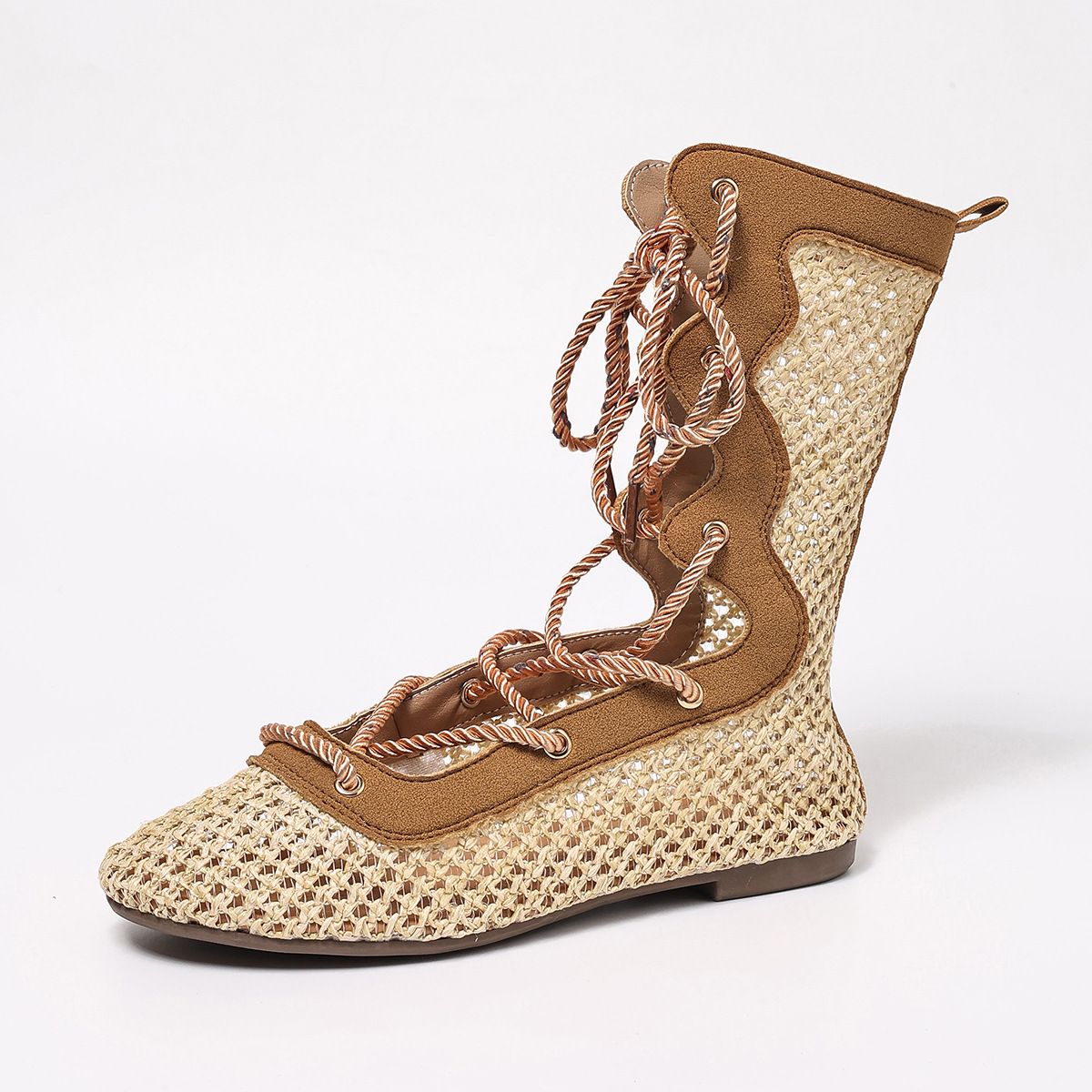 Women's Plus Size Flat Mid Calf Boots Woven Mesh Elegant Commuter Everyday Lace Up Hollowed Out Round Toe Fashionable_vogvips.com