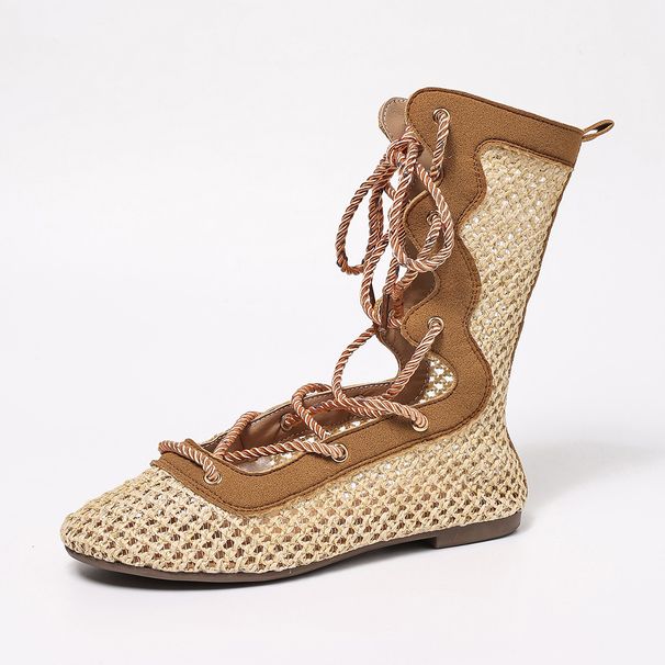 Women's Plus Size Flat Mid Calf Boots Woven Mesh Elegant Commuter Everyday Lace Up Hollowed Out Round Toe Fashionable_vogvips.com