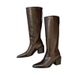 Small Square Toe Over-the-Knee Chunky Long For Women, Brown, Petite Heel Oil Leather Riding Boots, Height Increasing_vogvips.com