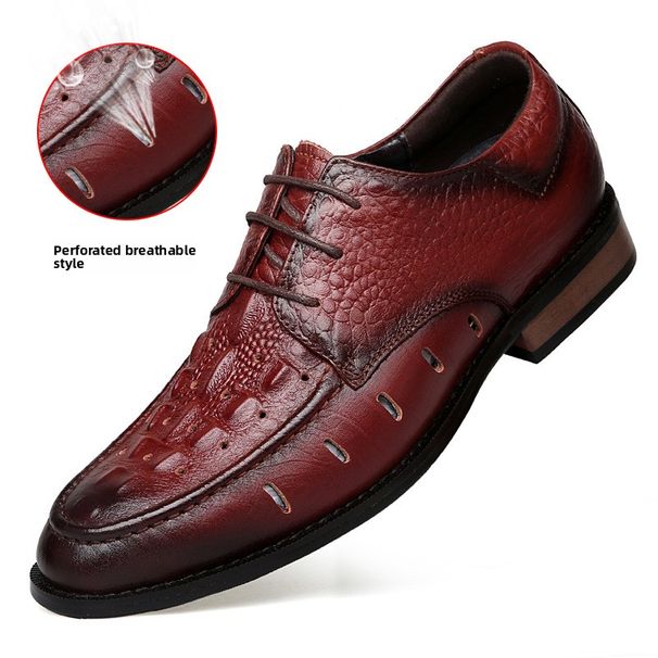 Men's Leather Shoes Low-top Leather Embossed Crocodile Grain Hole Casual Shoes Wooden Root Single Men's Shoes_vogvips.com