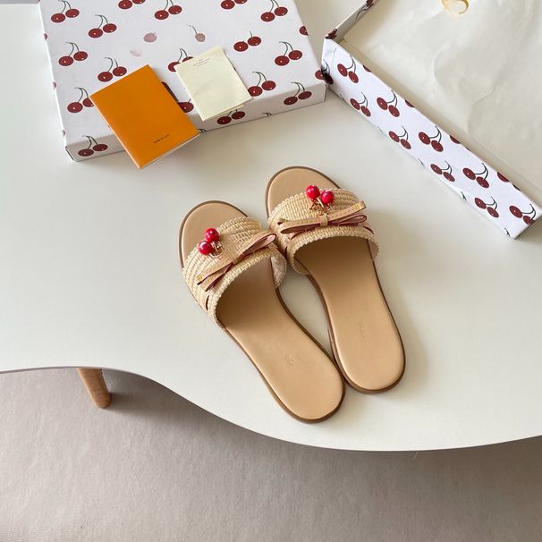 2026 New Elegant Straw Woven Upper Lace Trim Bow Decor Cherry Charm Flat Slide Slippers Women Chic Sweet Summer Beach Casual Daily Wear Shoes_vogvips.com