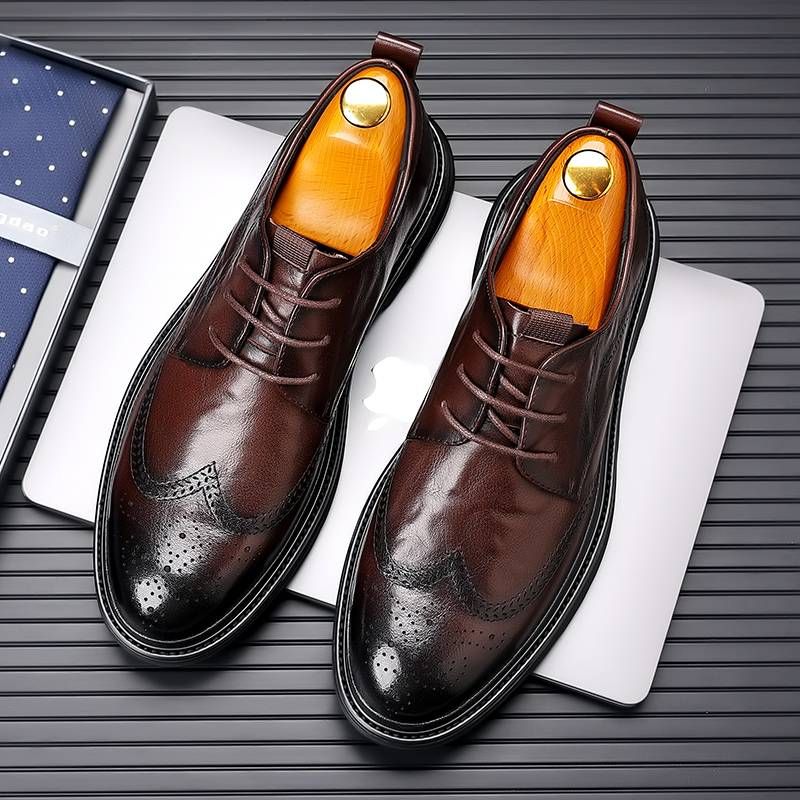 New Fashion Business Genuine Leather British Brock Men's Shoes Men's Business Formal Wear Oxford Shoes Lace-up Fashion Black Dress Wedding Derby Shoes_vogvips.com