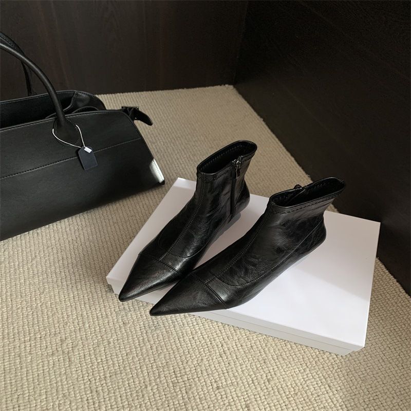 Pointed Toe Short Slim For Women, Thin Heel, 2025 New High Heel Side Zipper Korean Style Martin Boots_vogvips.com