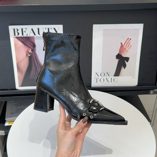 2025 Autumn New Pointed Thin Boots Temperament Fashion Boots Women's Black Martin Boots French Women's Boots Thick Heel Buckle_vogvips.com