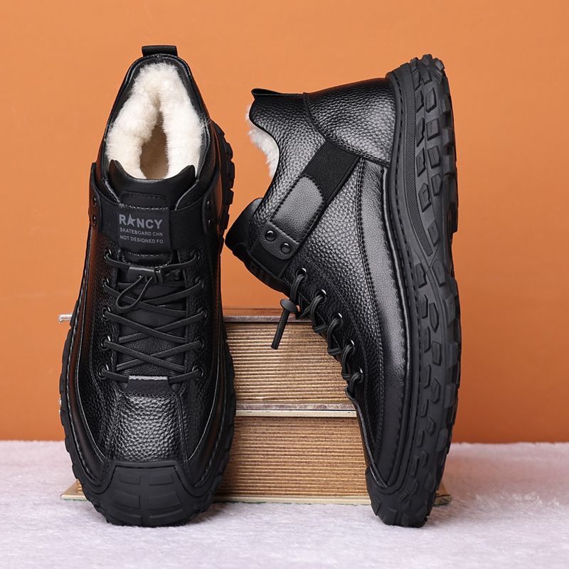 Euro Step Men's Winter Cotton Leather Wool Plus Velvet Thickened Non-Slip Wear-Resistant Cowhide Business Shoes_vogvips.com