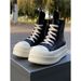Chunky Platform High-Top Sneakers Double Sole Lace-Up & Side-Zip Casual Shoes In Black Canvas & Leather Thick Soled Double Layer Lace Up Casual Shoes_vogvips.com