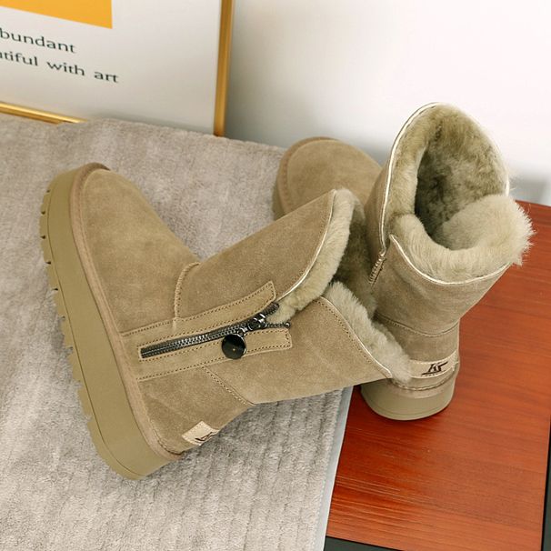 Northeast Snow Boots For Women 2024 New Winter Mid-Calf Leather And Fur Integrated Thick Sole Fleece Lined Thickened_vogvips.com