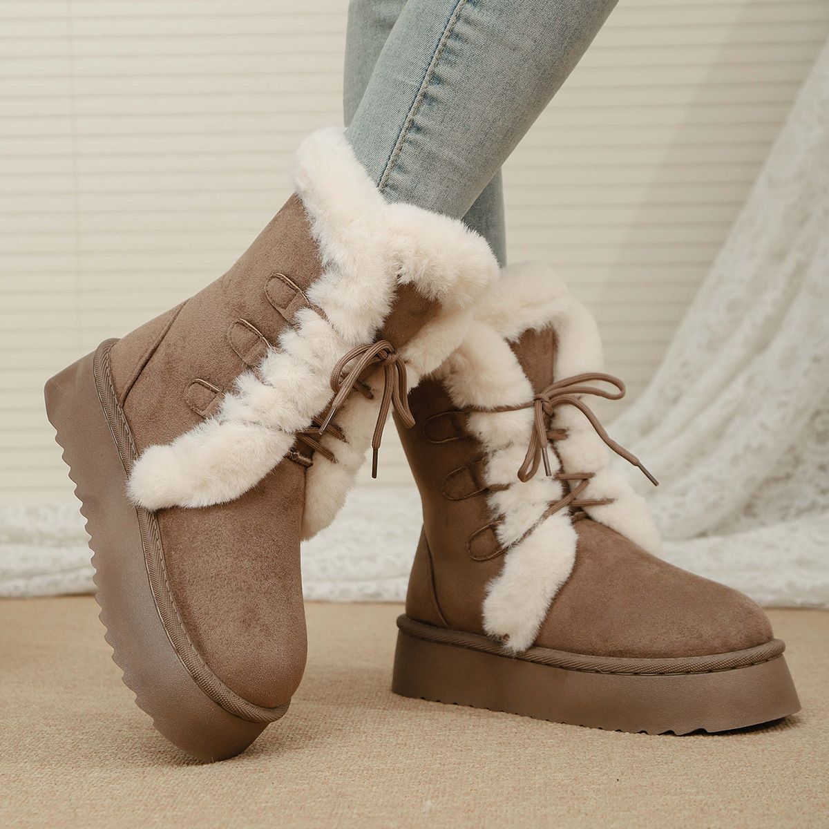 Fashion Khaki Platform Versatile Tall Snow Boots Women's 2025 Autumn And Winter New Warm And Heightening Snow Boots Cotton Shoes_vogvips.com