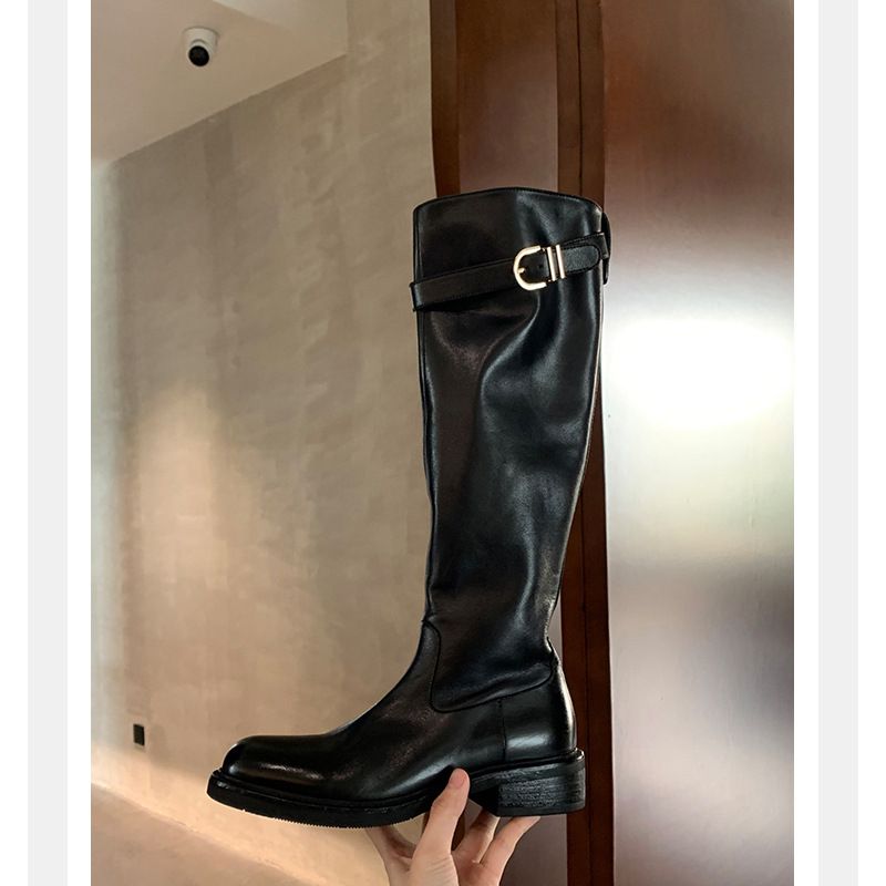 Autumn And Winter New Style High-top Boots For Women,water-washed Horse Leather,round Toe,leather Strap Buckle,thick-soled,long-leg,knight-style Boots_vogvips.com