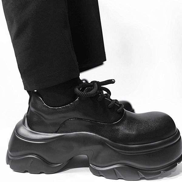 Dad's Black British Round Toe Sponge Thick Sole, Versatile, Matte High-end, Derby Shoes, Trendy Small Leather Shoes_vogvips.com