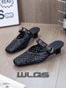 WLQS Woven Hollow Out Mary Jane Women's Mules And Clogs Retro Square Toe Low Heel Buckle Strap Casual Slip On Office_vogvips.com