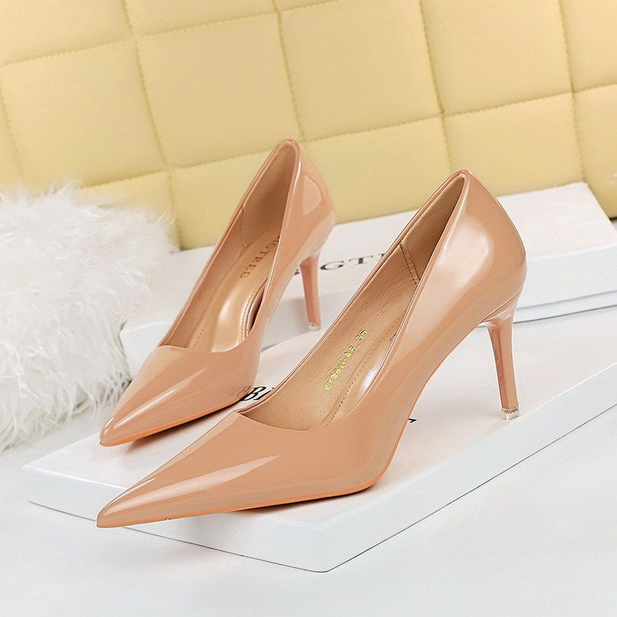 9511-A6 European And American Style Fashion Simple Thin Heel Glossy Patent Leather Shallow Mouth Pointed Toe Women's_vogvips.com