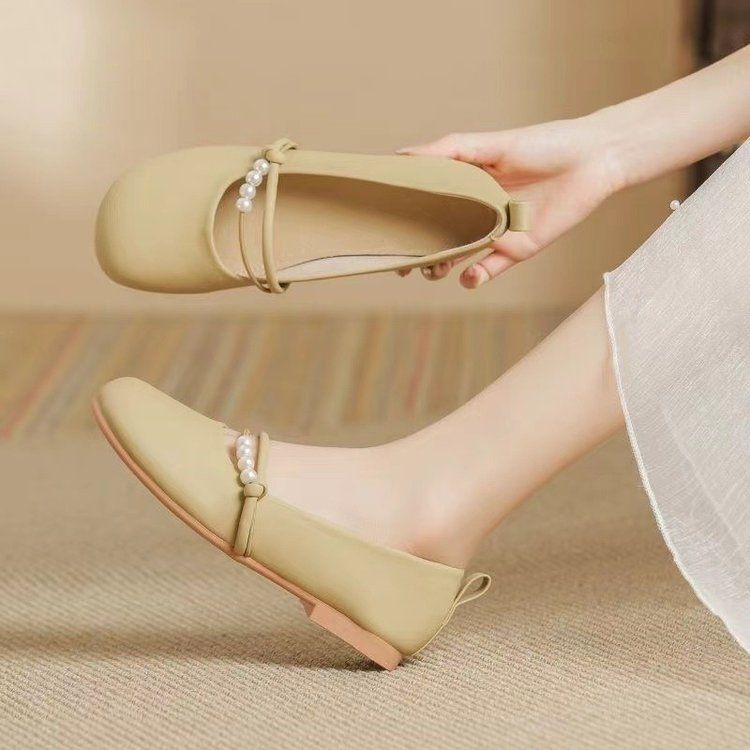 Round Head Pearl Mary Jane Shoes Women's Soft-soled Small Fragrant Evening Breeze Gentle Soft Leather Shallow Mouth Single Shoes_vogvips.com