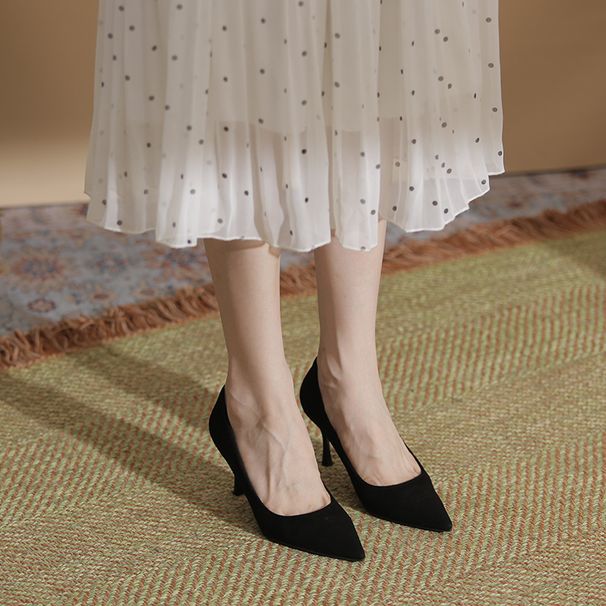 Black Suede High Heel 2023 Spring Autumn New Thin Heel Shallow Mouth Veratile Profeional Work Student Etiquette_vogvips.com