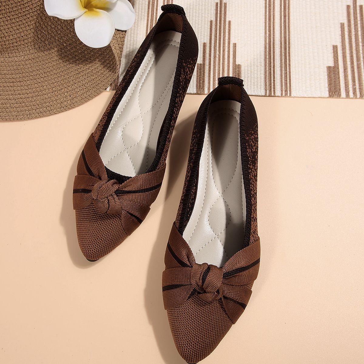 Women's Breathable Knit Slip-On Flat Shoes With Bowknot - Lightweight Comfortable Work Loafers For Women (Black, Navy, Beige, Brown, Orange)_vogvips.com