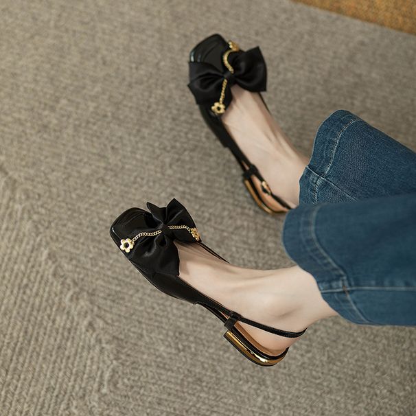 Fairy Style Square Toe Vintage Flat Bottom Low Heel Shoes Bow_vogvips.com