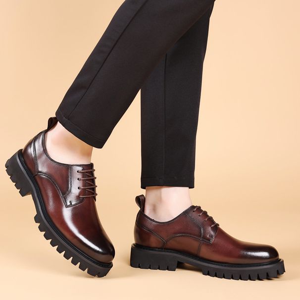 Business casual leather shoes round head increase shoes Leather soft soled formal men's shoes thick soled loafers_vogvips.com