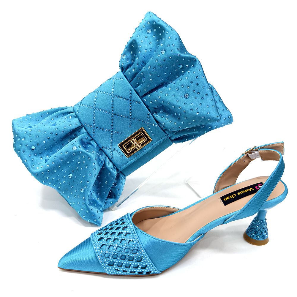 Women's Bright Colored Shoe And Bag Set Summer High Heeled Pointed Sandals With Color Blocked Rhinestones And Butterfly Shaped Bags_vogvips.com