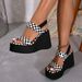 Summer New Black And White Plaid One-Strap Buckle Fashion Casual Thick Breathable Chunky Heel Soft Sole Sandals_vogvips.com
