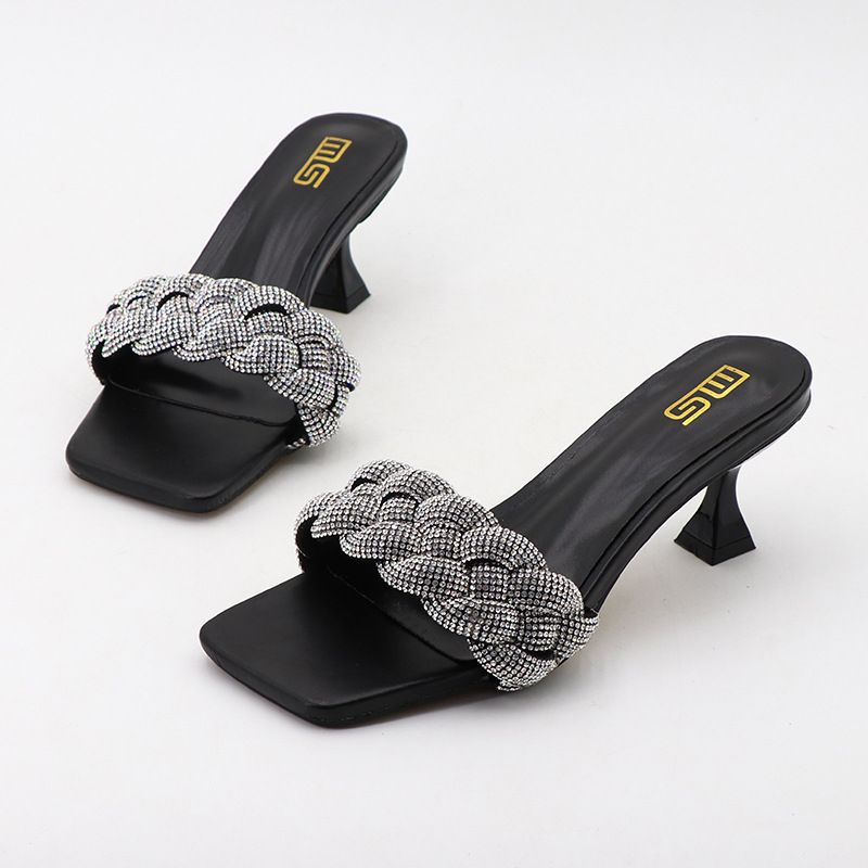 Women's Shoes Summer New Arrival Square Toe Woven Rhinestone One Shot Sandals Stiletto Heels High Heels Versatile Black Outdoor Sandals_vogvips.com