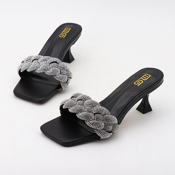 Women's Shoes Summer New Arrival Square Toe Woven Rhinestone One Shot Sandals Stiletto Heels High Heels Versatile Black Outdoor Sandals_vogvips.com