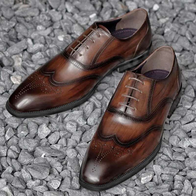 Euro Step Brogue Floral Men's Breathable Leather Square Toe Business Formal Oxford British Wedding Groom Shoes_vogvips.com
