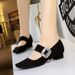 8293-K112 European And American Style Banquet Suede Women's One-Strap Mary Jane Rhinestone Chunky Low Heel Square Toe_vogvips.com