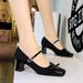 5296-H81 Mary Jane For Women, Chunky Heel, Bowknot, Shallow Mouth, Square Toe, Suede, Rhinestone Buckle, One-Strap_vogvips.com