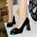 Korean Version Square Toe Platform High Heels, Suede Bow Decorated Women's Shoes, Shallow Mouth, Ultra-high Heel Single Shoes_vogvips.com