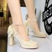 9982-H78TP French Small Fragrant Style Square Toe Waterproof Platform High Heels With Butterfly Bow, Pearl Chain,_vogvips.com