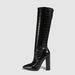 Women's Shoes Sexy Crocodile Pattern High Heeled Riding Boots, Hot Girl Pointed Toe Patent Leather Chunky Heel Black Long Boots_vogvips.com