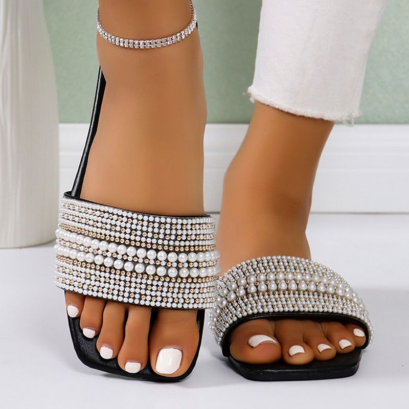 Luxury Dign Pearls Beaded Flat Sandals Summer 2026 Comfortable Soft Sole Square Toe Slippers Women Beach Non Slip_vogvips.com