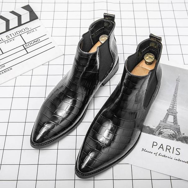 New Fashion Brown Retro Chelsea Boots Men's Pointed Toe Suit Martin Boots British Crocodile Pattern Business Men's Boots Leather Short Boots_vogvips.com