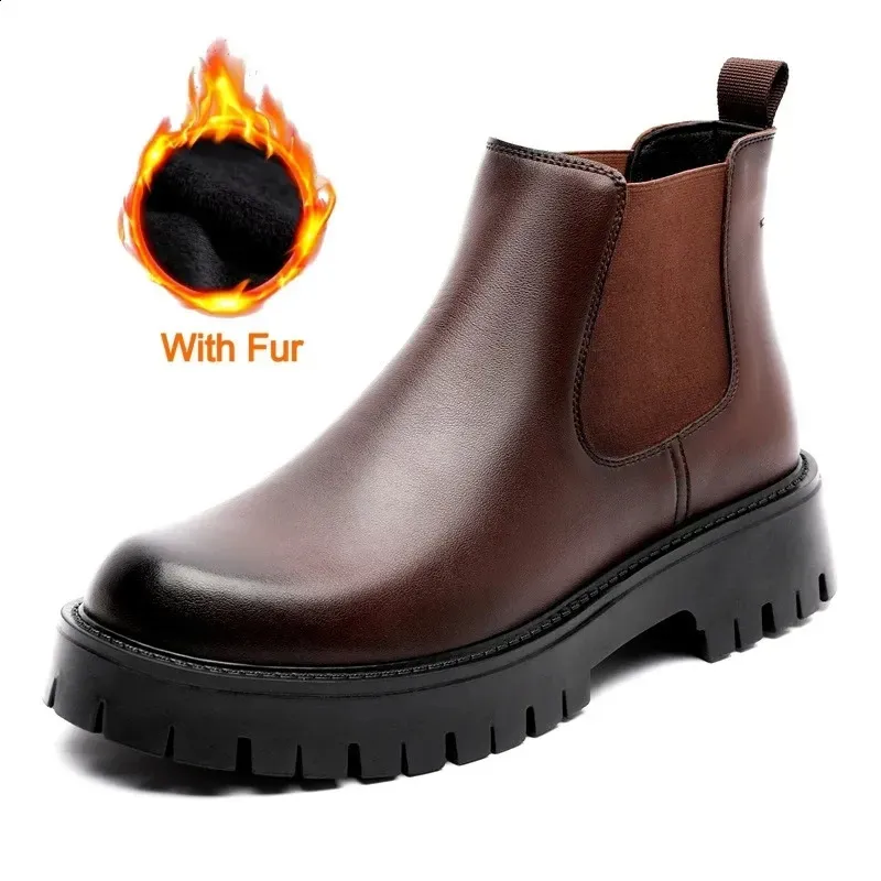 British Style Men Thick Bottom Waterproof Work Shoes Casual Fashion Classic Leather Comfy High Top Round Toe Boots_vogvips.com