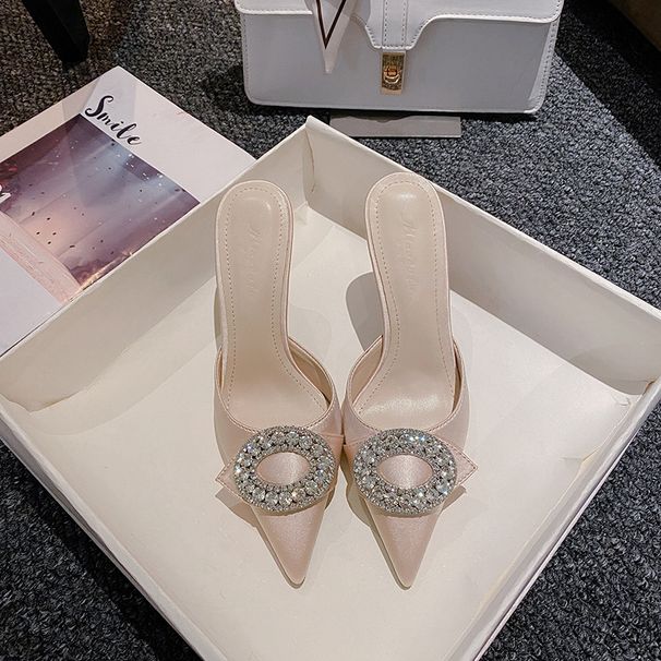 Spring And Summer Pointed Head Round Buckle High Heel Single Shoes Satin Rhinestone Bag Head Thin Heel Cool Slippers Women_vogvips.com