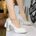 Sweet bow pearl chain chunky heels square toe line with patent leather waterproof platform shoes_vogvips.com