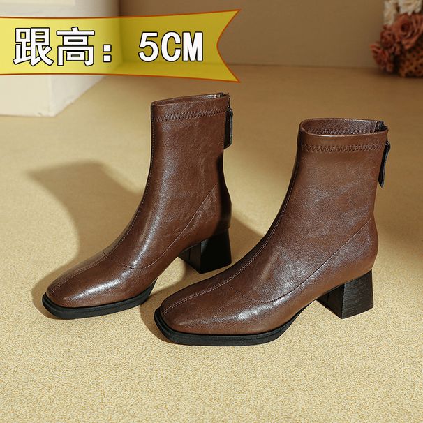 Women's Winter Boots Medium Boots 2025 New High Heel Short Boots Women's Brown Martin Boots Square Head Skinny Boots Thick Heel_vogvips.com