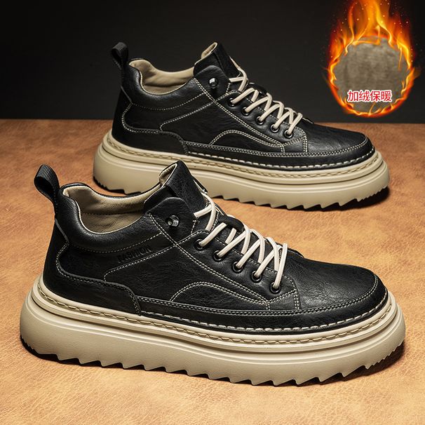 European Warm Series Mid-Top Autumn Casual High-Top Leather Martin Boots No-Tie Shoelaces Cotton Shoes Men's Winter Plush Warm_vogvips.com