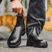 Men's Retro Military Combat Boots With Square Toe & PU Leather Upper, Mid Heel & Rubber Sole For Fall Season Leather Boots OPP Zipper_vogvips.com