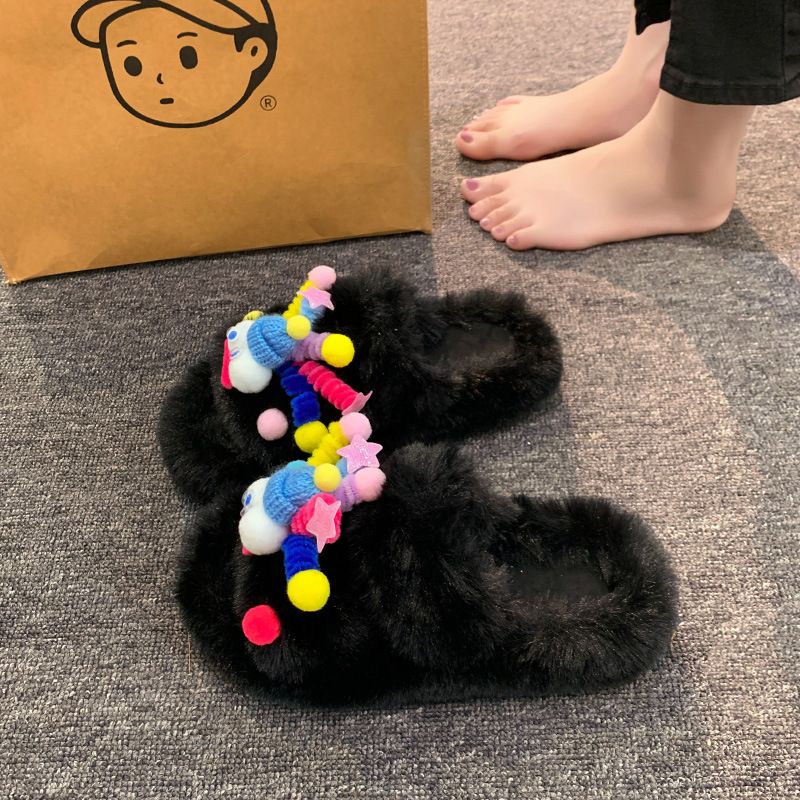 Women's Winter New Slippers For Home And Outdoor Wear, Korean Style Fashionable Thick-Soled Non-Slip Casual Plush Slide_vogvips.com