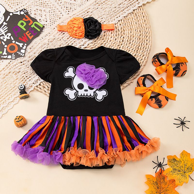 Halloween Children's Clothing Cartoon Pumpkin Skull Hoodie Dress Shoes Three-Piece Set Baby Party Outfit_vogvips.com