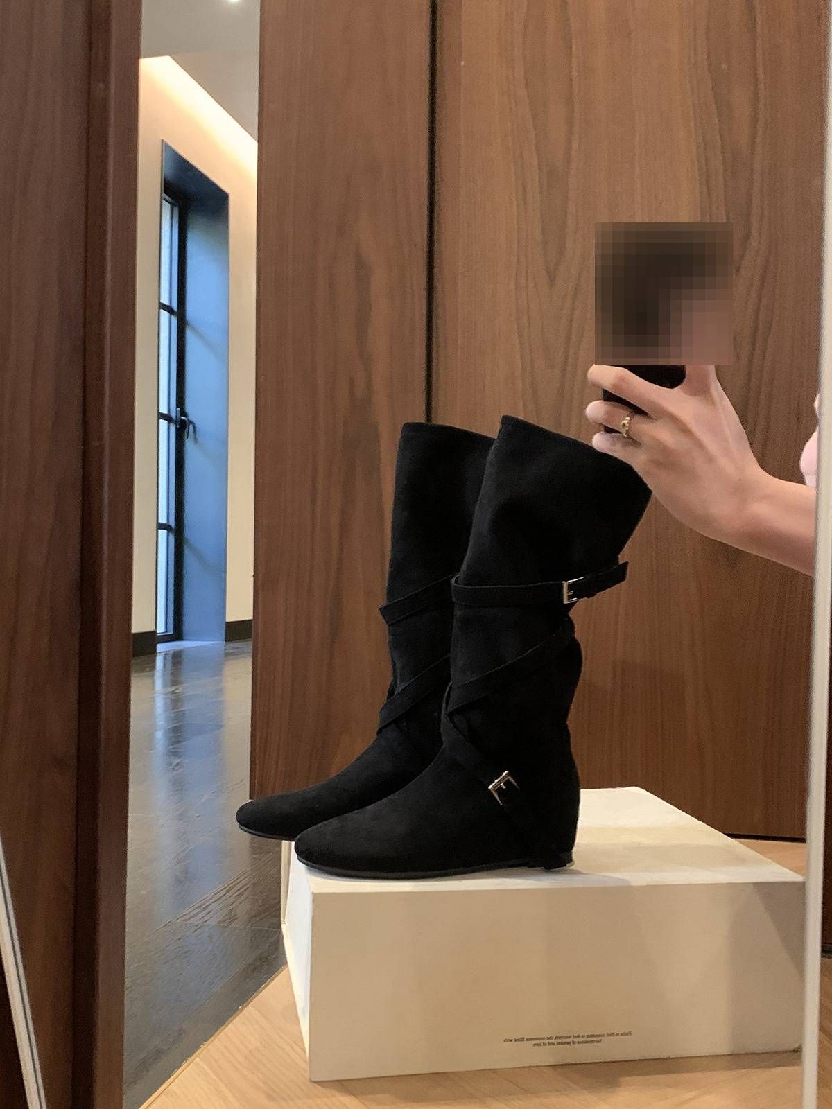 6cmheight-increasing Western Cowboy Boots For WomenKorean Style,round Toe,buckle Strap,soft Creased Design,slim-fitting Mid-calf Length_vogvips.com