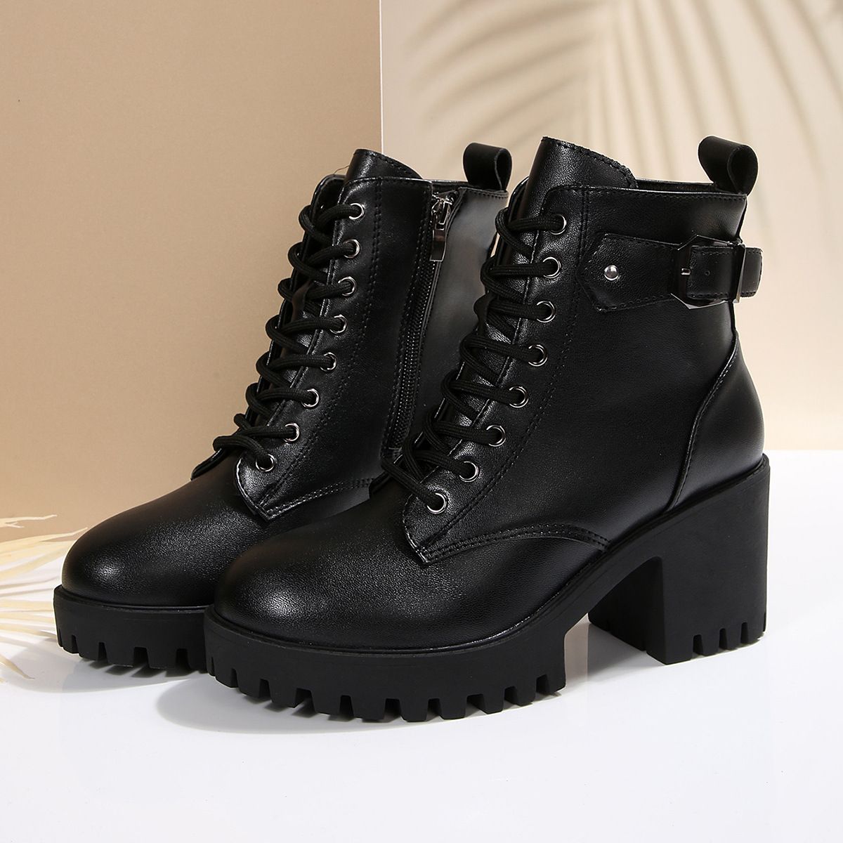 Women's British Style High Heeled Fashion Boots Side Zipper Platform Chunky Heel Plus Size Belt Buckle Martin Boots Autumn_vogvips.com