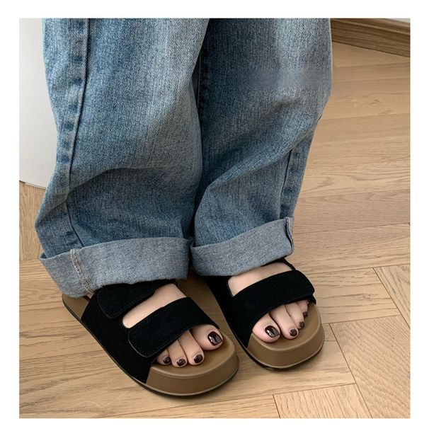 Trendy Boken Small Toast Velcro Wo, Fashionable And Versatile, Suitable Outdoor Wear, Lazy Beach Suede Sandals For_vogvips.com