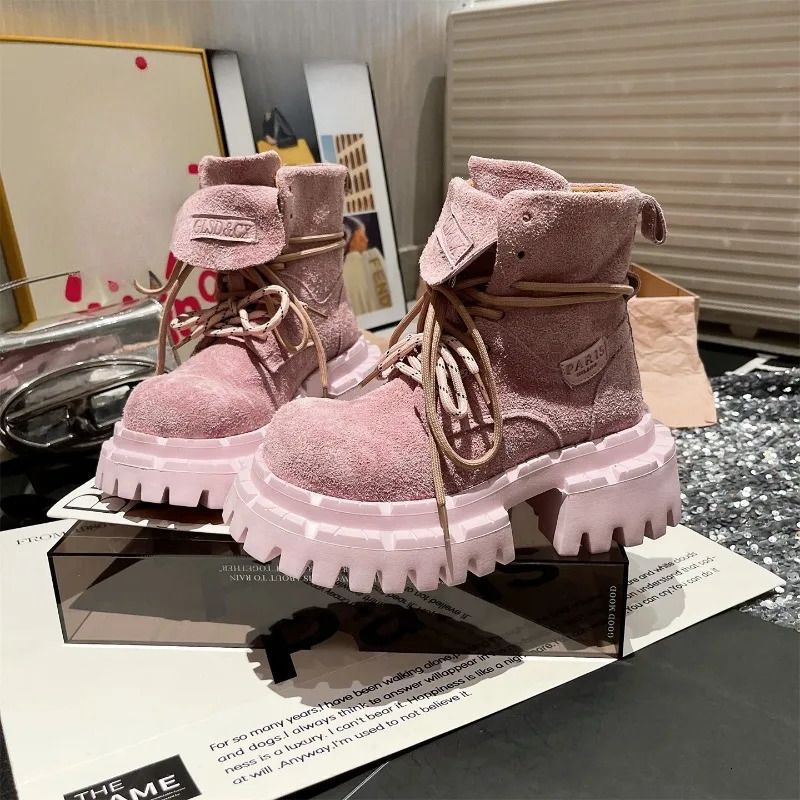 Stylish Booties Scrub Leather Big Round Toe Lapel Platform Block Heel Naked Boots 251226_vogvips.com