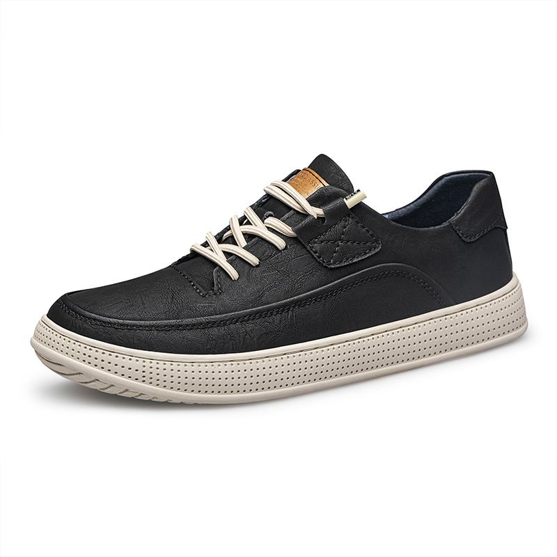 Men's Round Head Board Shoes Cowhide Surface Breathable Casual White Shoes Thick Sole Low Top Sports Men's Shoes_vogvips.com