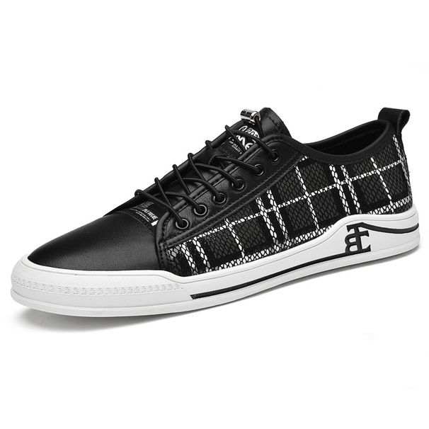 Men's Board Shoes Leather Patchwork Breathable Platform White Shoes British Plaid Casual Shoes Round Head_vogvips.com